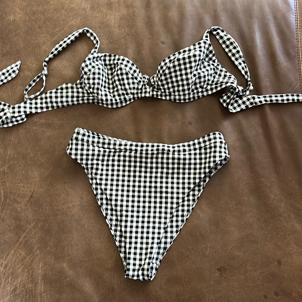 Black and White Gingham Prairie Swim Capri Bikini Top and Okanagan Bikini Bottom